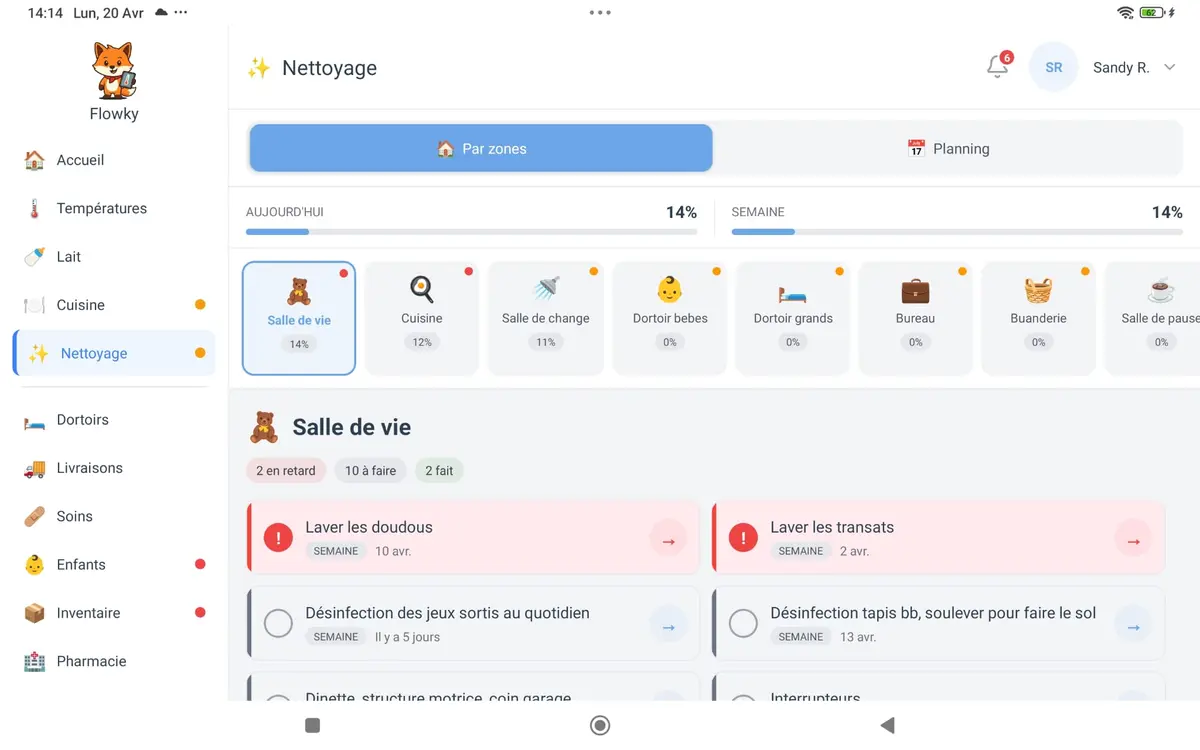 Interface Flowky — Planning de nettoyage par zones