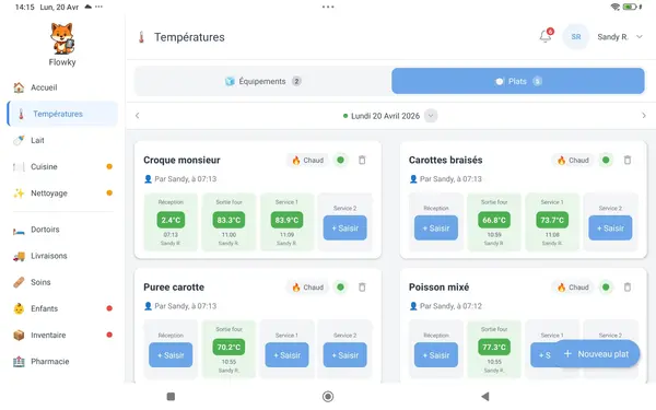 Interface Flowky — Suivi des températures HACCP